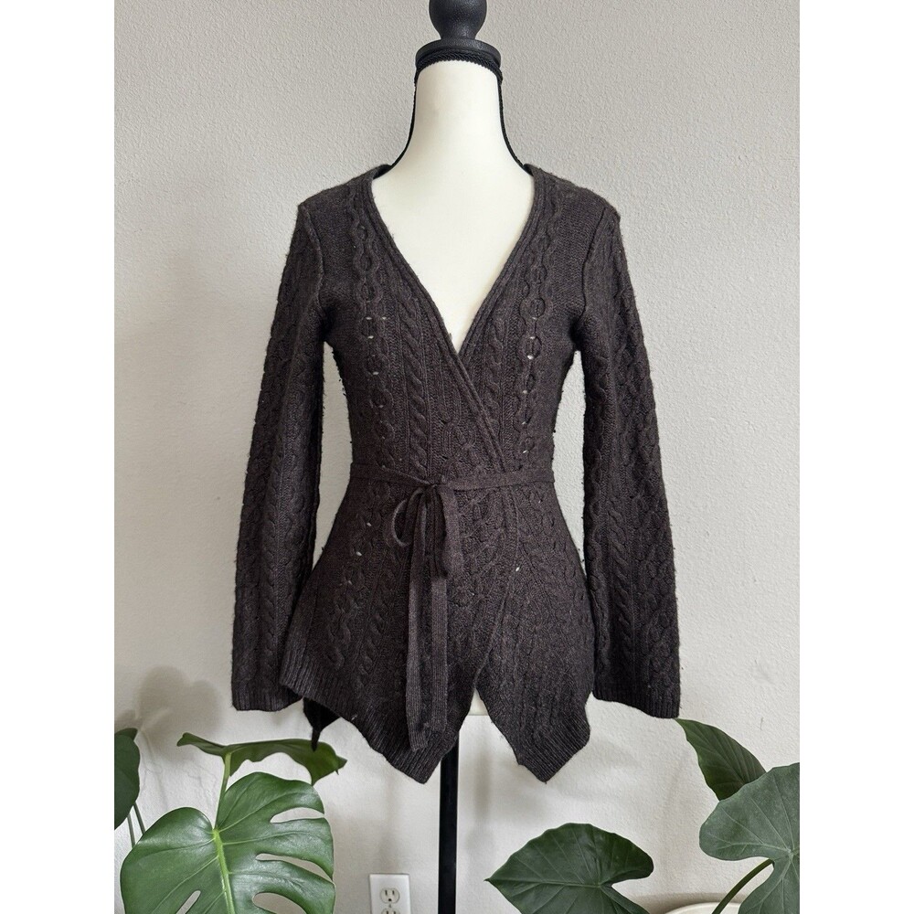 Bryn Walker Brown Cable Knit Wrap Cardigan Cashmere Angora Lambswool S Belt